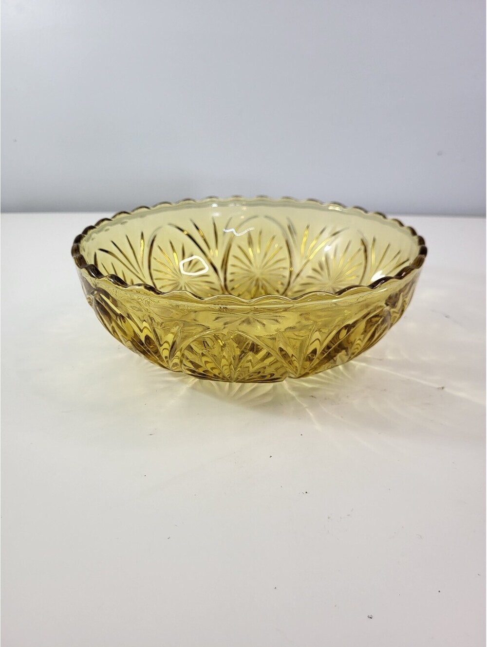 Vintage Amber Pressed Glass Starburst Pattern Scalloped Edge 8 Inch Serving Bowl